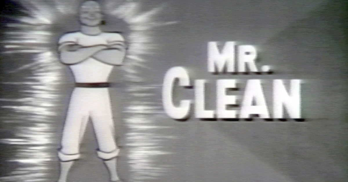 Mr. Clean mascot with folded arms in black-and-white TV ad
