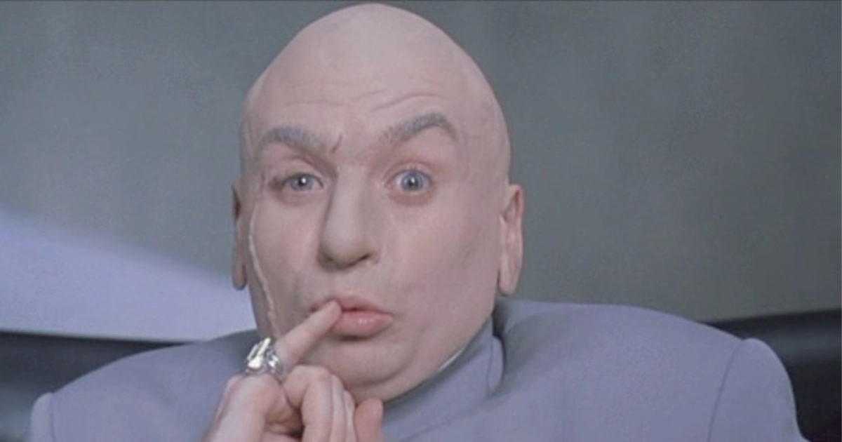 Dr. Evil close-up, bald villain touching pinky to his lips