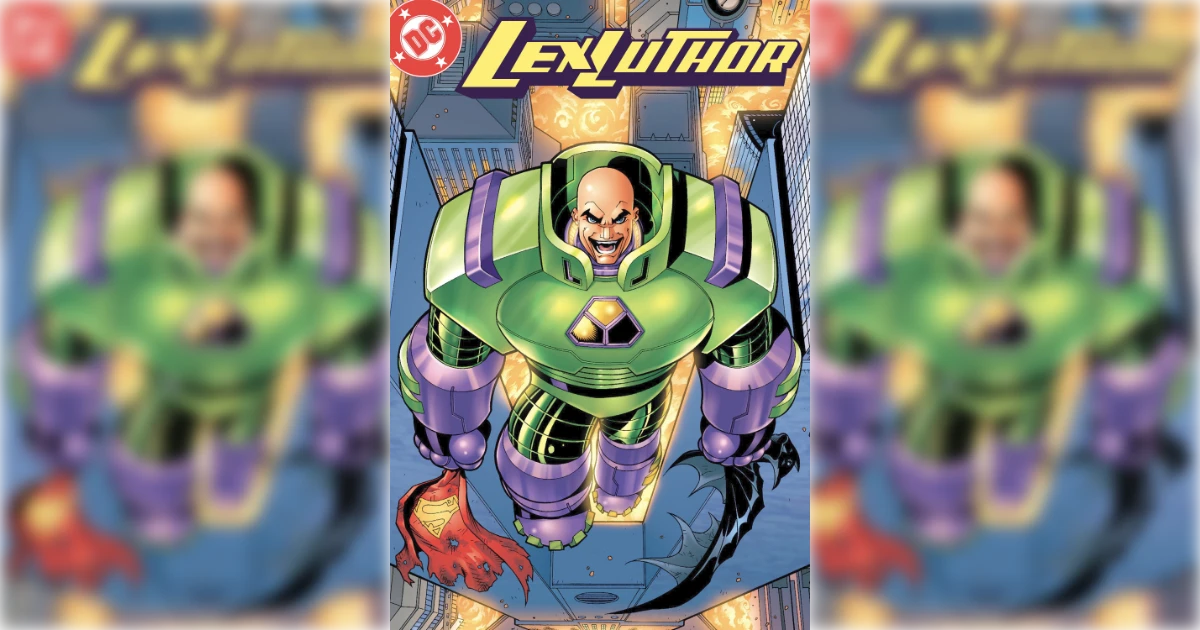 Lex Luthor DC comic cover, bald villain in green warsuit