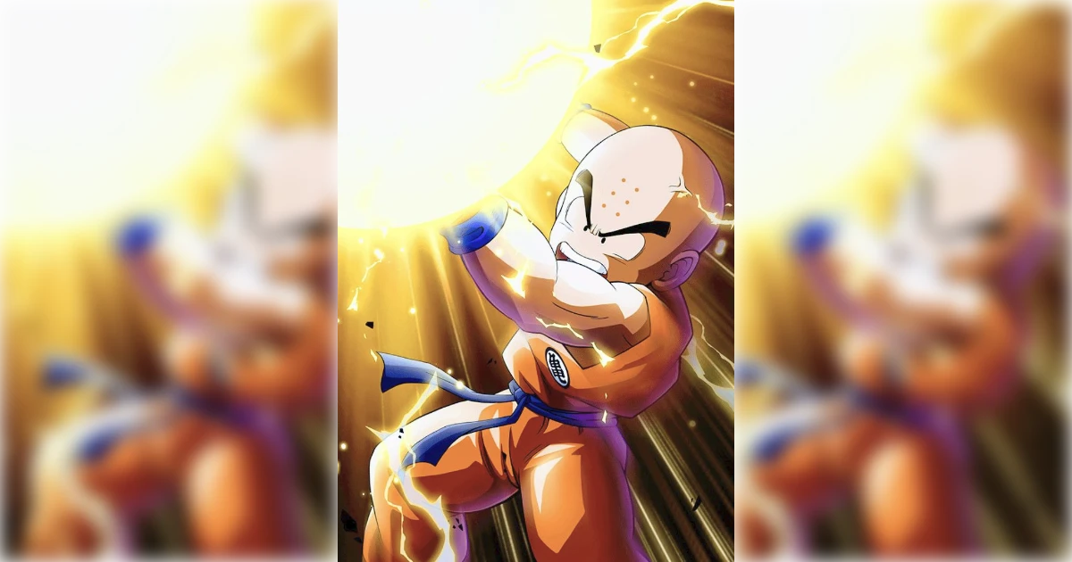 Krillin from Dragon Ball Z powering up in orange gi