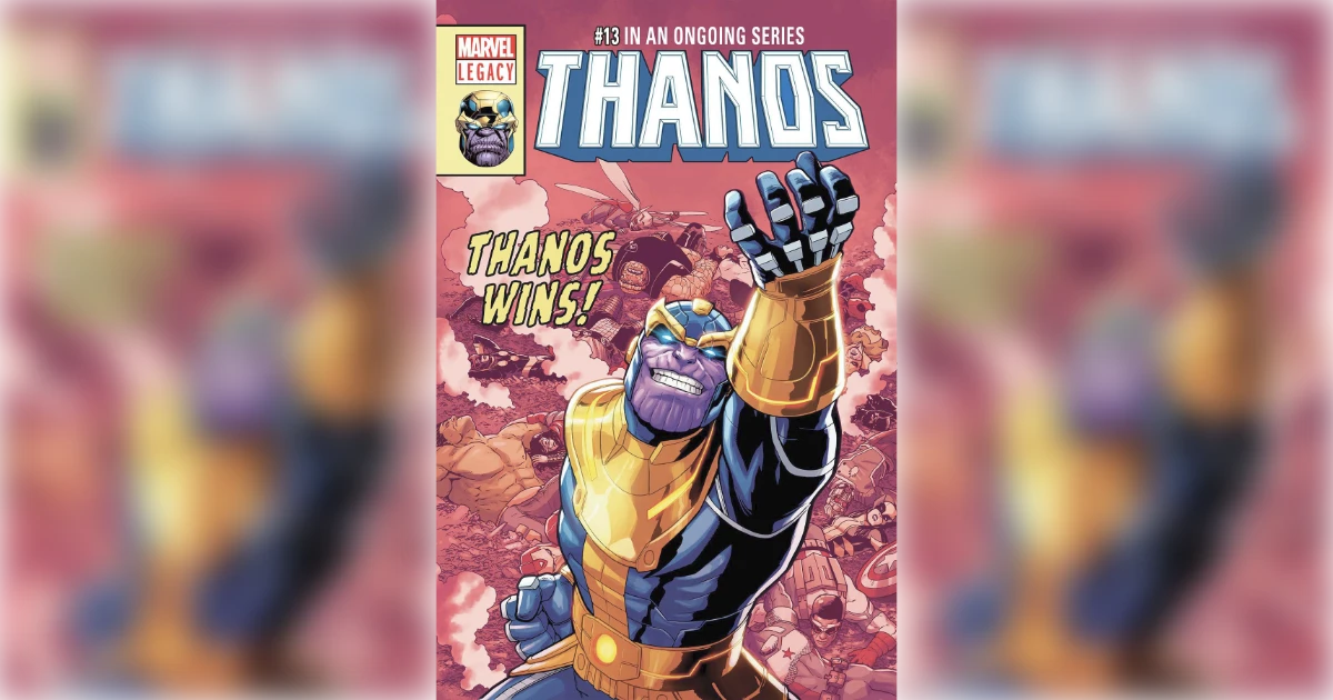 Marvel Thanos comic cover, purple titan raising the Infinity Gauntlet