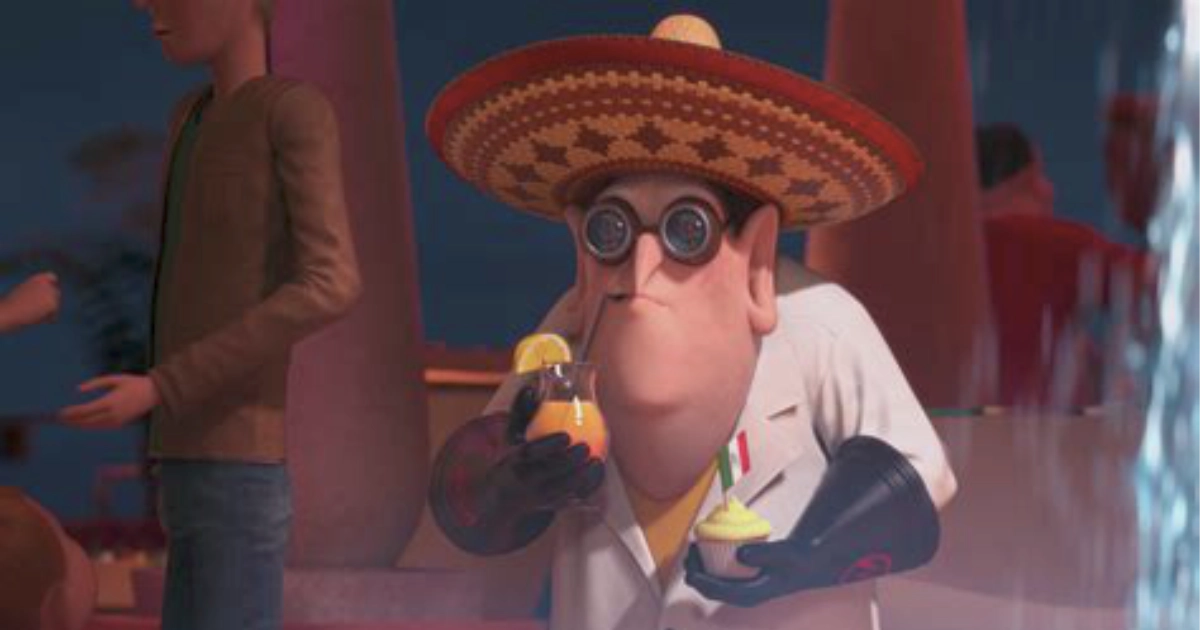 Dr. Nefario in sombrero and goggles sipping a drink, Despicable Me