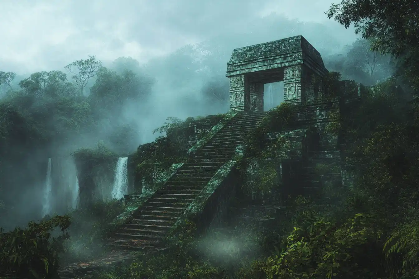 Palenque Mayan temple ruins in misty jungle © History Oasis Palenque Mayan temple ruins in misty jungle above waterfalls