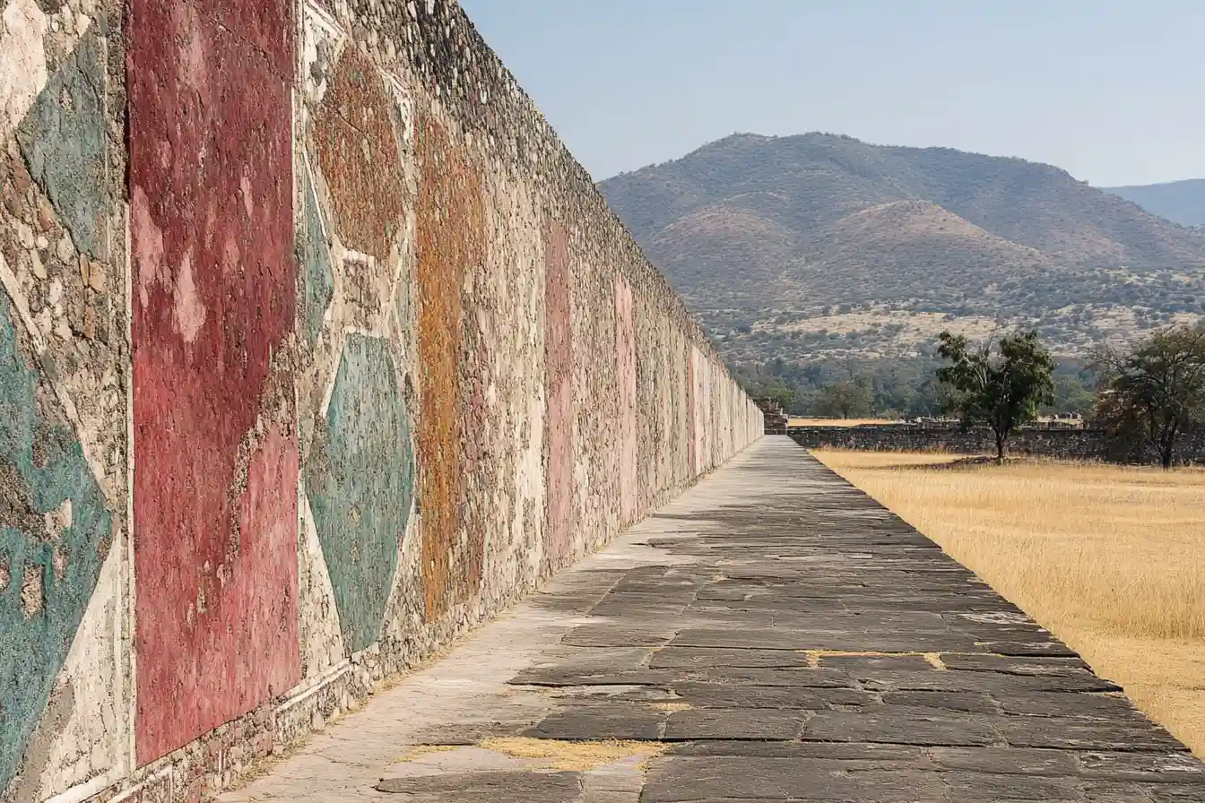 Stone wall with faded red and teal geometric murals © History Oasis Long stone wall with faded red and teal geometric murals