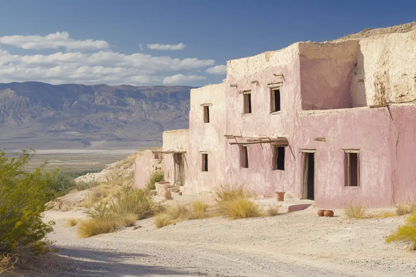 Multi-story adobe pueblo building in the Chihuahua desert © History Oasis Multi-story adobe pueblo building with pink walls in desert landscape