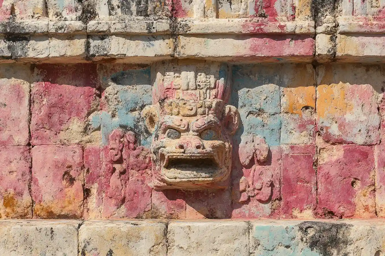 Carved stone creature head on a painted Maya relief wall © History Oasis Carved stone creature head on a painted Maya relief wall