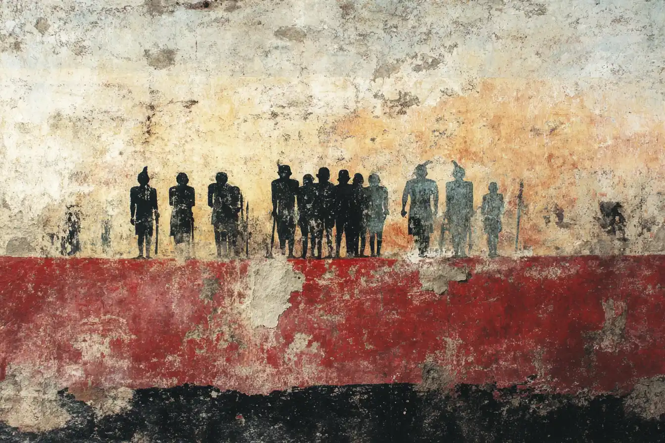 Weathered plaster wall painted with dark silhouetted figures © History Oasis Weathered plaster wall painted with dark silhouetted figures above a red band