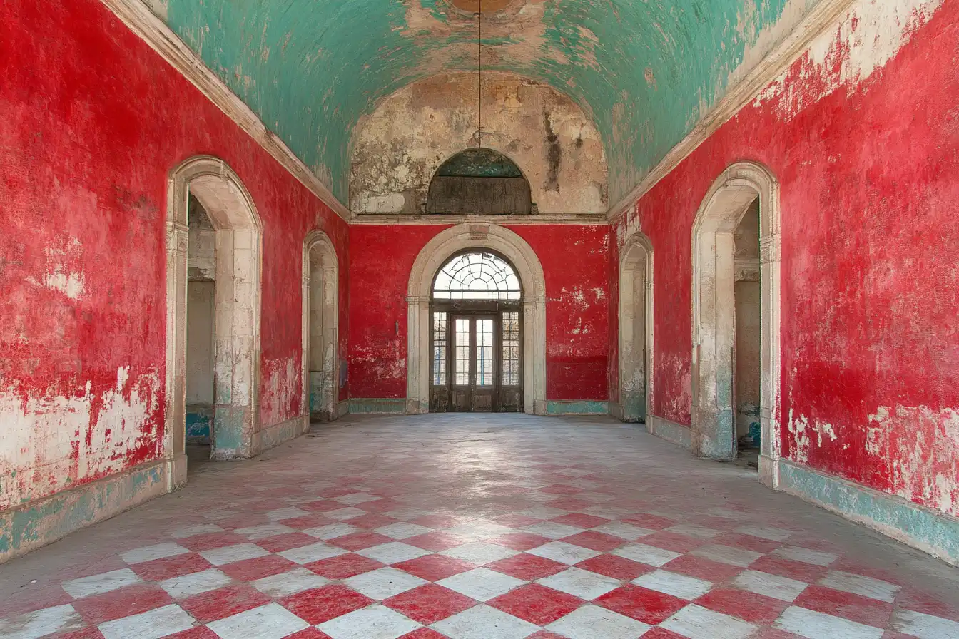 Derelict vaulted hall with red walls and checkerboard tile floor © History Oasis Derelict vaulted hall with red walls and checkerboard tile floor