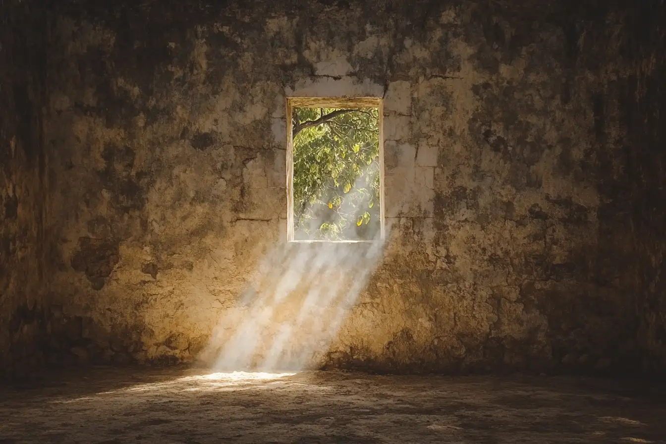 Sunbeams through a small window into a dark stone room © History Oasis Sunbeams through a small window into a dark stone-walled room