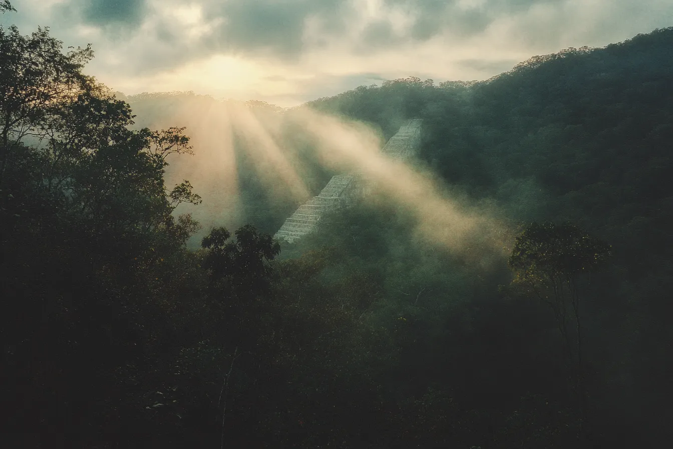 Calakmul Mayan pyramids rising through misty jungle © History Oasis Calakmul Mayan pyramids rising through misty jungle at sunrise