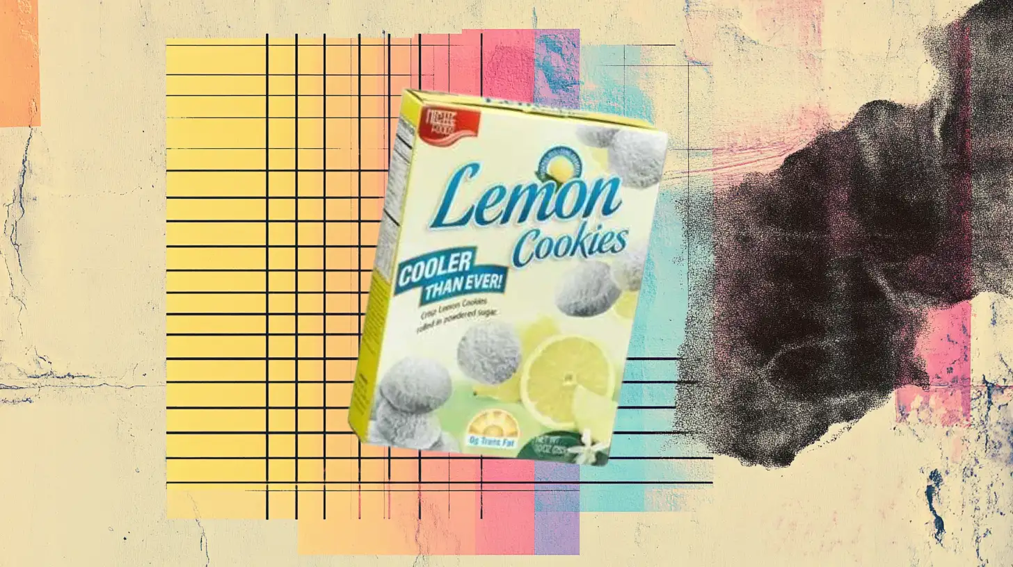 A later Lemon Coolers box promising “Cooler Than Ever”—the original Sunshine version died in 1996 — Keebler/Sunshine Box of Lemon Coolers powdered-sugar lemon cookies with a Cooler Than Ever banner