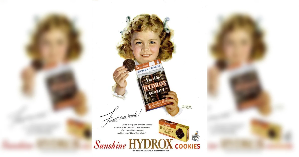 “Finest ever made!”—a vintage Sunshine Hydrox print ad, decades before the brand’s three deaths and two revivals — Keebler/Sunshine Vintage Sunshine Hydrox cookies print ad with a girl holding a cookie, illustrated by Lawrence Wilbur