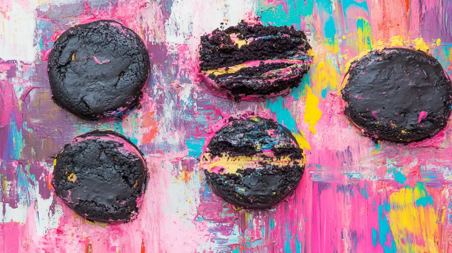 Dark chocolate Mississippi Mud-style cookies with colorful cream centers on a splattered painted background