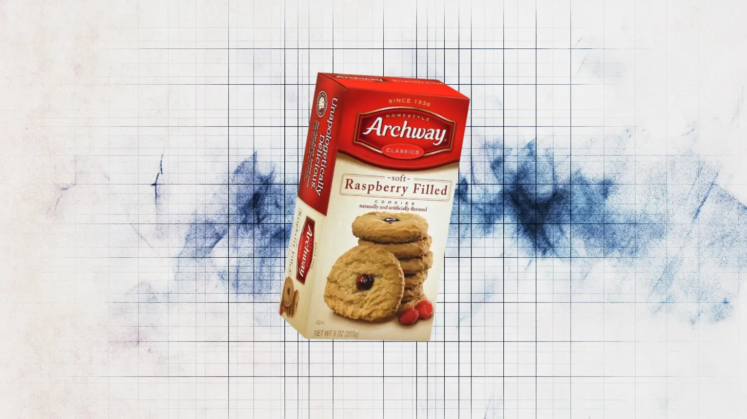 Archway Classics Soft Raspberry Filled cookies box showing cookies with red jam centers