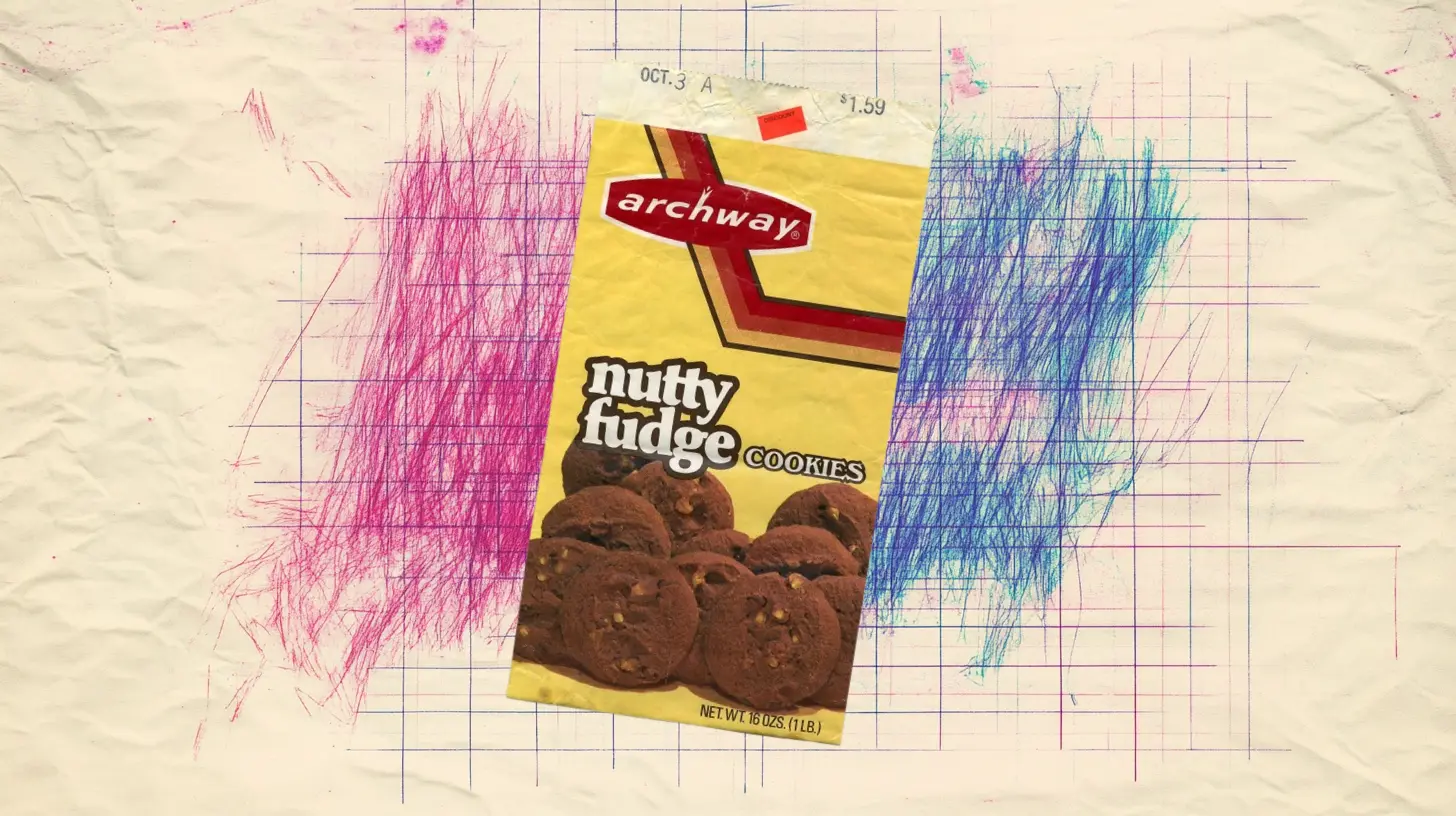A vintage Archway Nutty Fudge Cookies bag in 1970s-style yellow packaging with an old price sticker