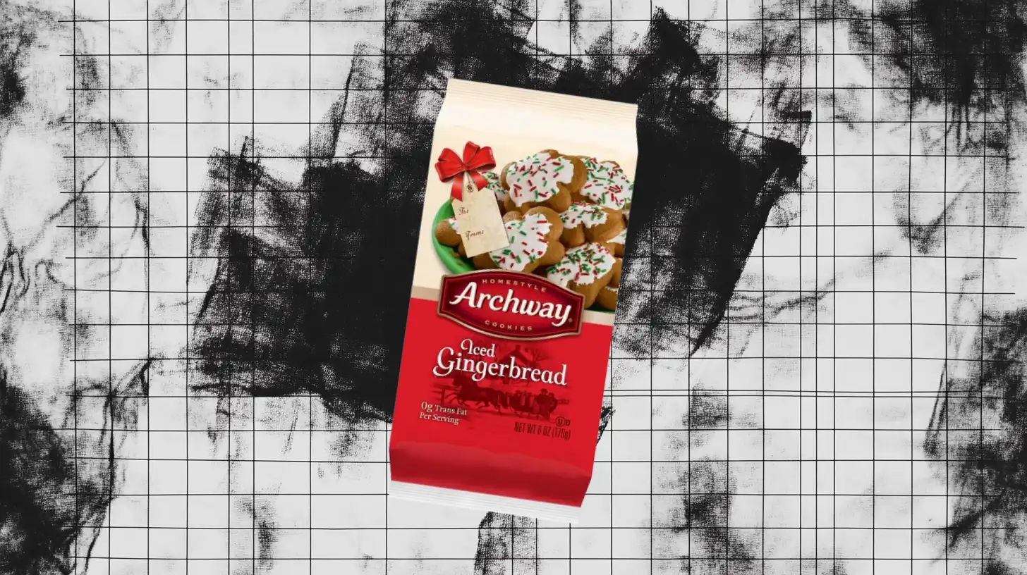 Archway Homestyle Iced Gingerbread holiday cookies bag with iced gingerbread men and a gift tag