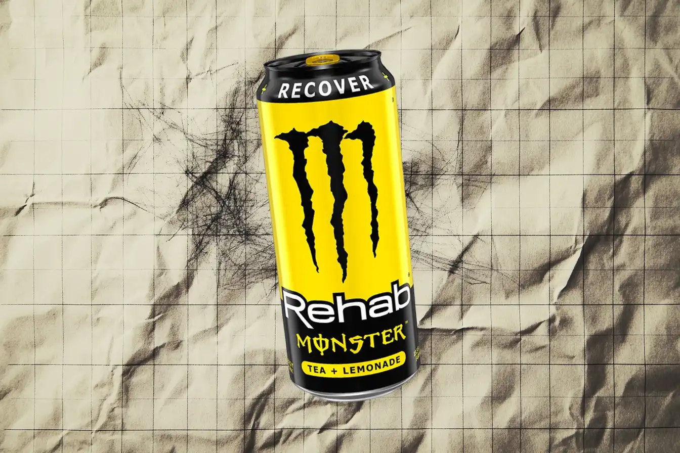 The yellow Rehab Monster Tea + Lemonade recovery can — Monster Energy Yellow Rehab Monster Tea and Lemonade can, a flavor still sold today