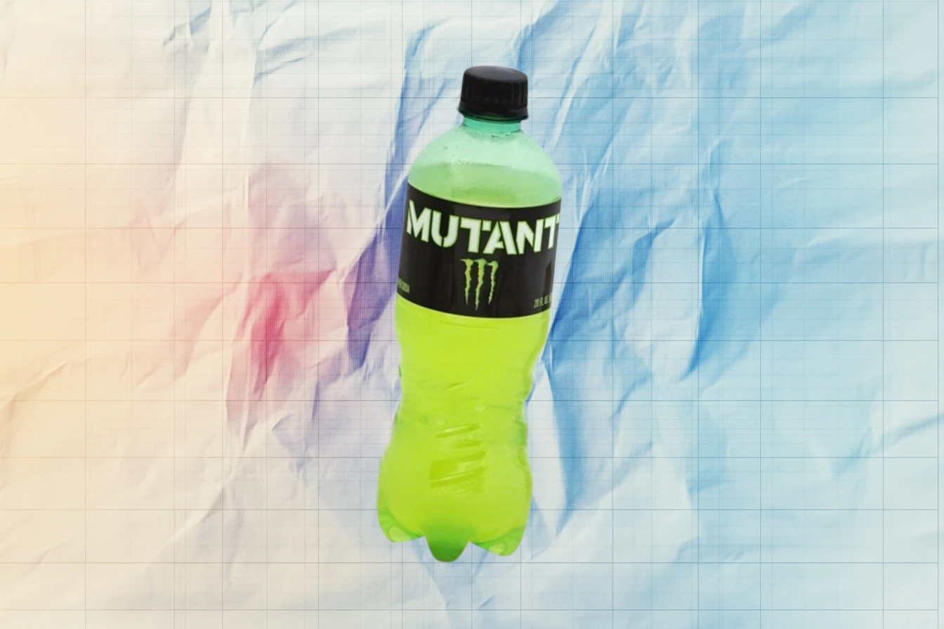 Mutant Super Soda came in 20-oz plastic bottles, not cans — Monster Energy Green Monster Mutant Super Soda 20-ounce plastic bottle