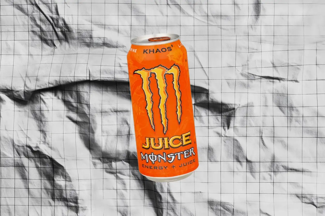 The later Juice Monster-era Khaos can — Monster Energy Orange Juice Monster Khaos energy drink can