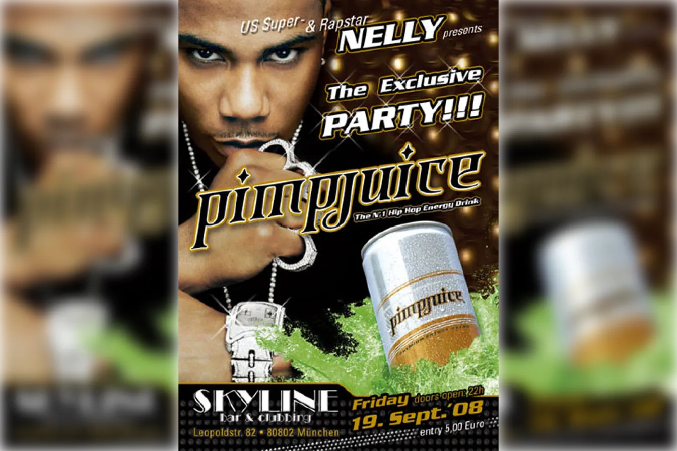 Pimp Juice energy drink party flyer featuring rapper Nelly and silver can