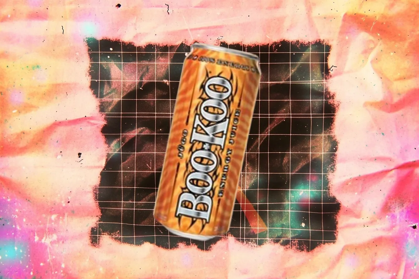 BooKoo Energy orange can with black tribal claw lettering