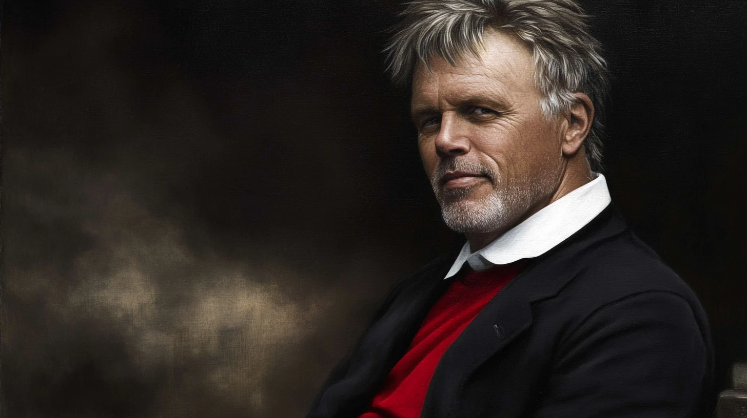 Painted portrait of a gray-haired man in red sweater and black jacket
