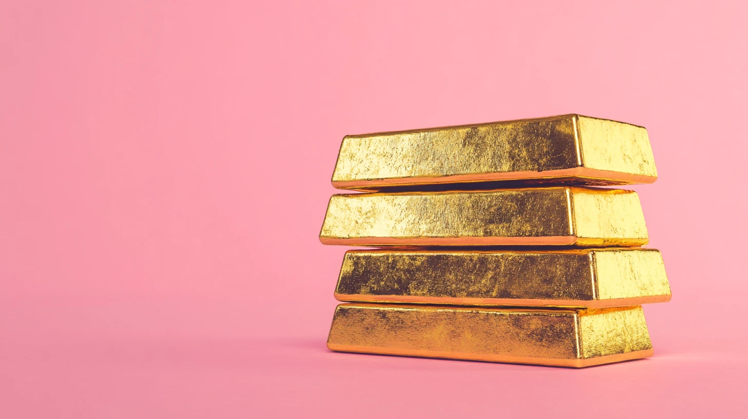 Stacked gold bars © History Oasis Stack of four gold bars on a pink background