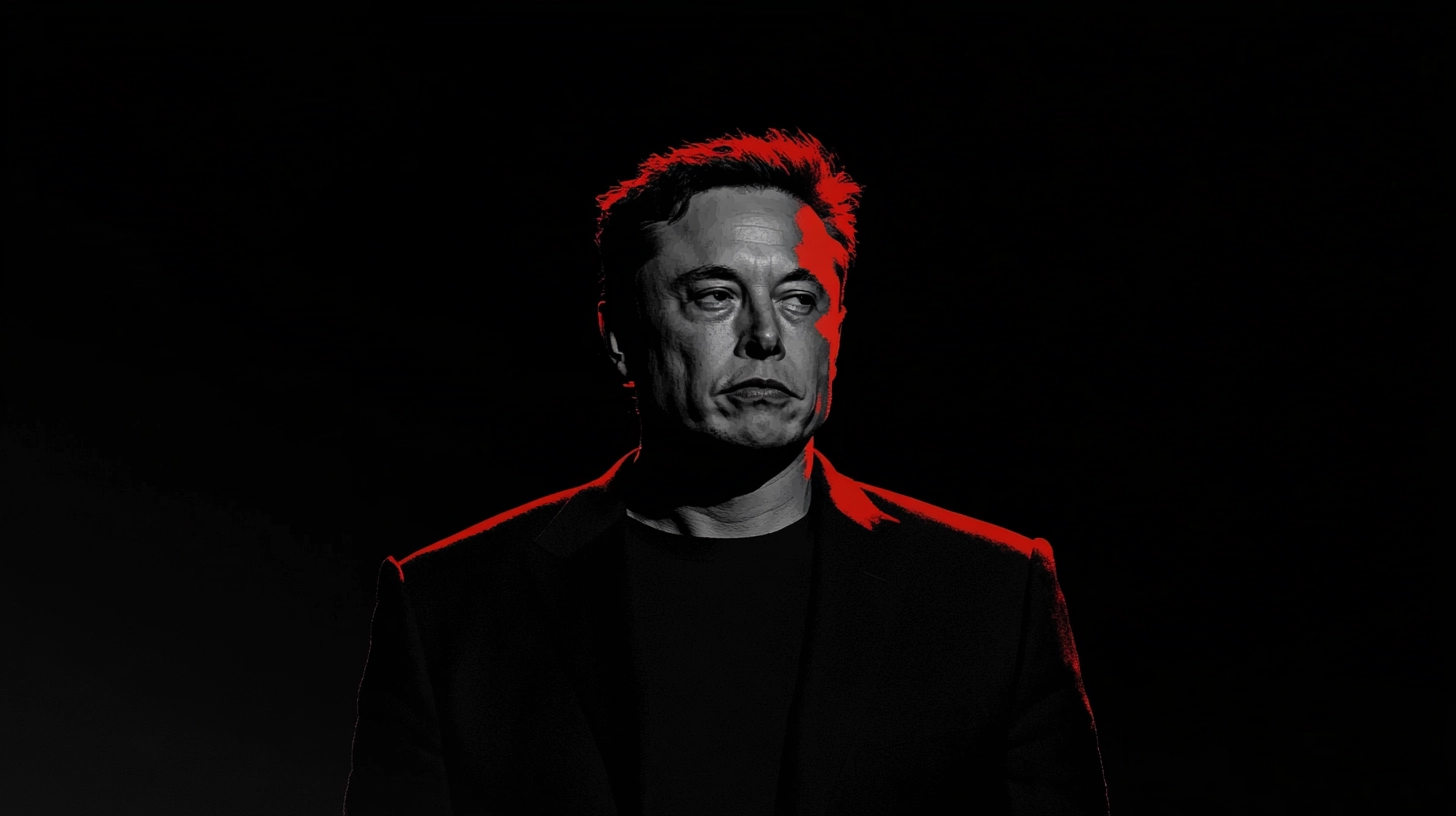 Elon Musk portrait © History Oasis Elon Musk portrait in black blazer, red rim light, dark background