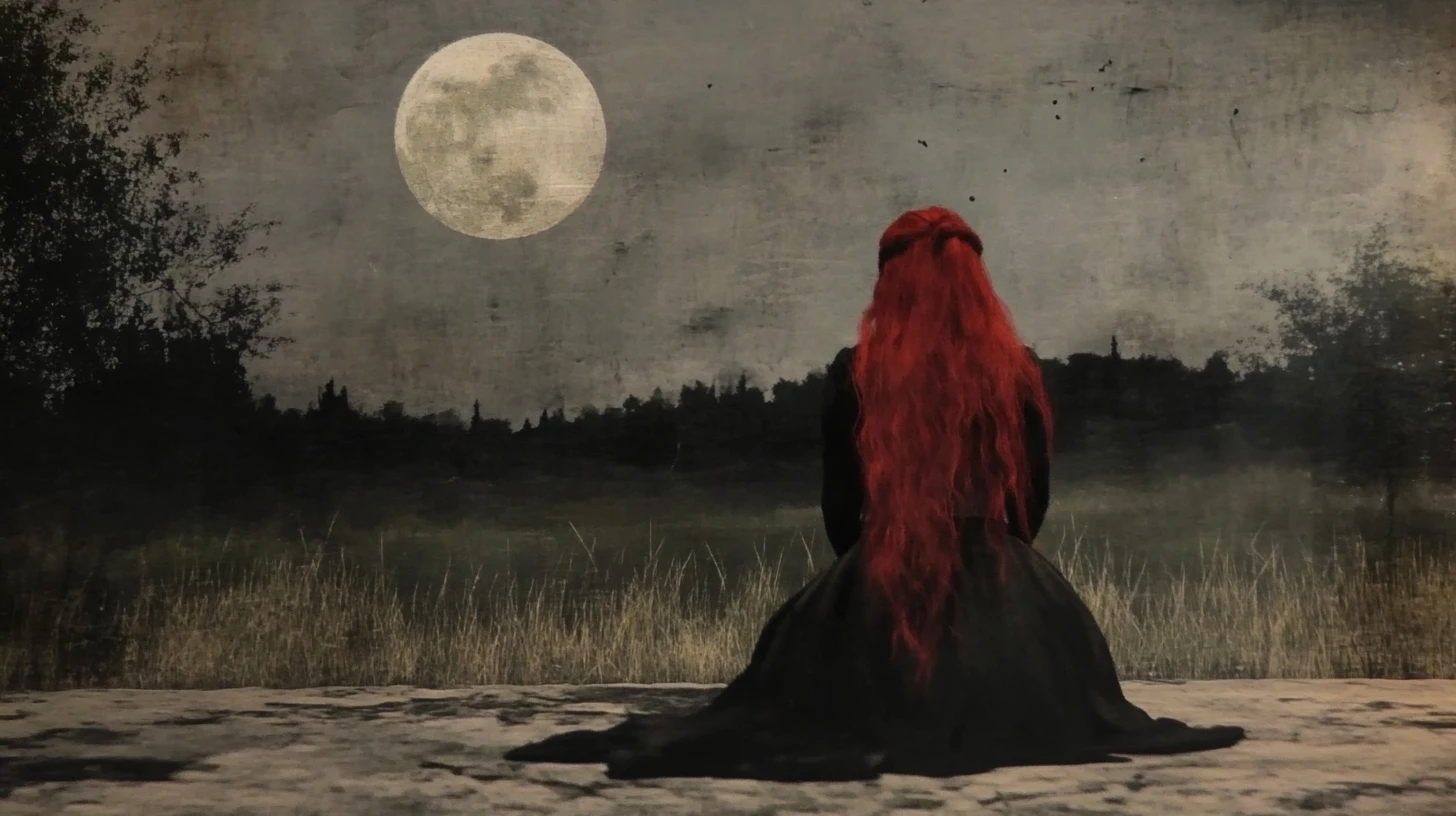 Red-haired woman in a black dress seen from behind under a full moon