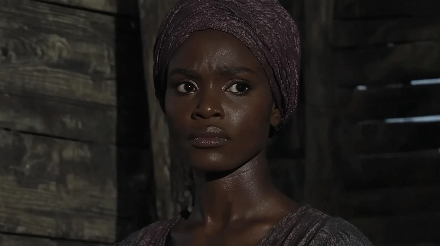 Tituba portrait: woman in a headwrap inside a dim colonial wooden room