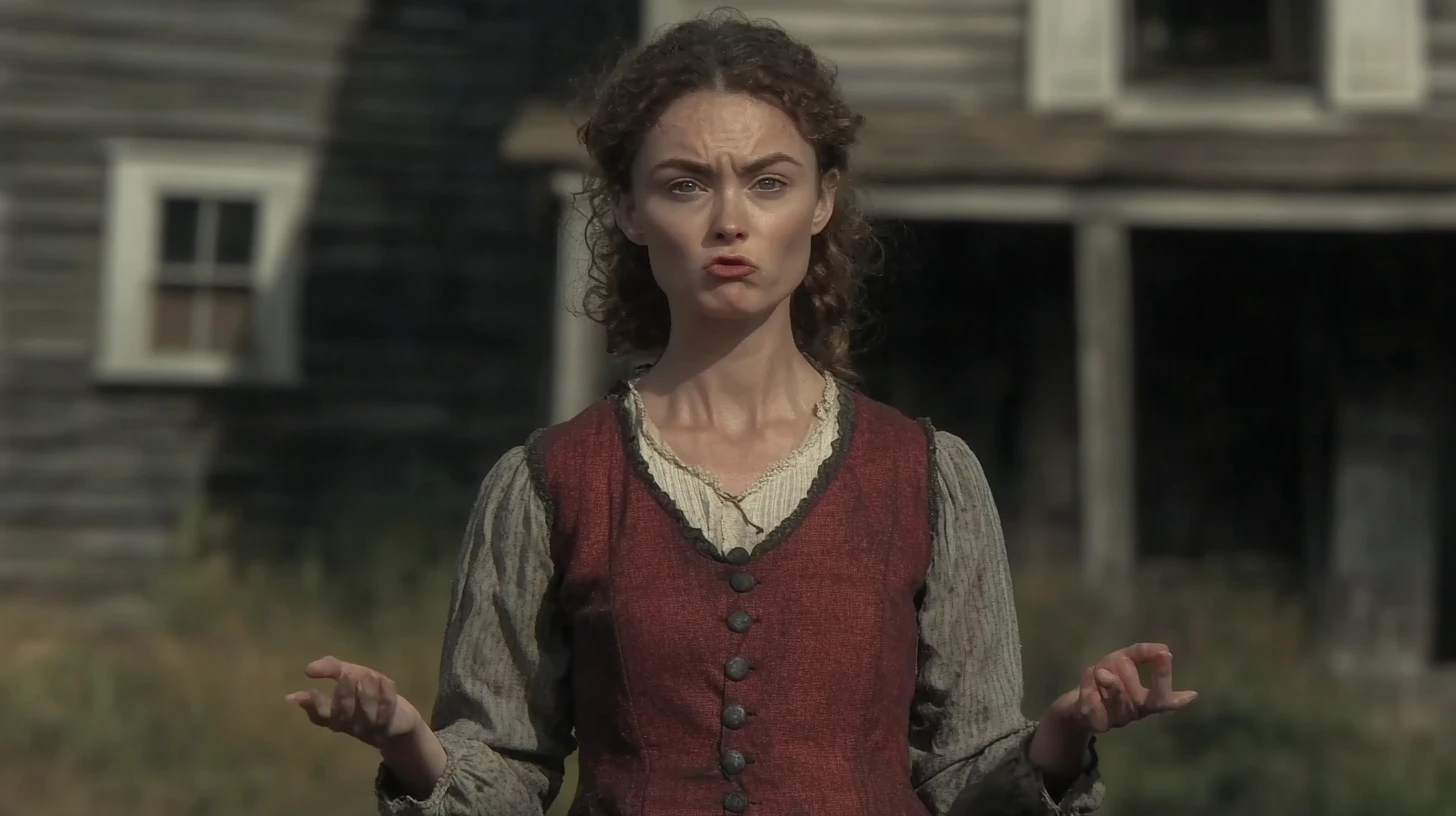 Bridget Bishop in a red bodice gesturing outside a weathered colonial house