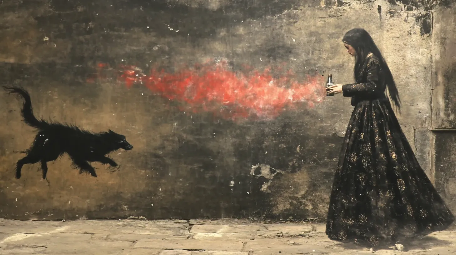 Painting of a woman in a black gown facing a shaggy black dog