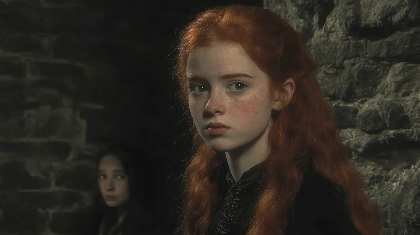 Red-haired young woman in black beside a stone cell wall