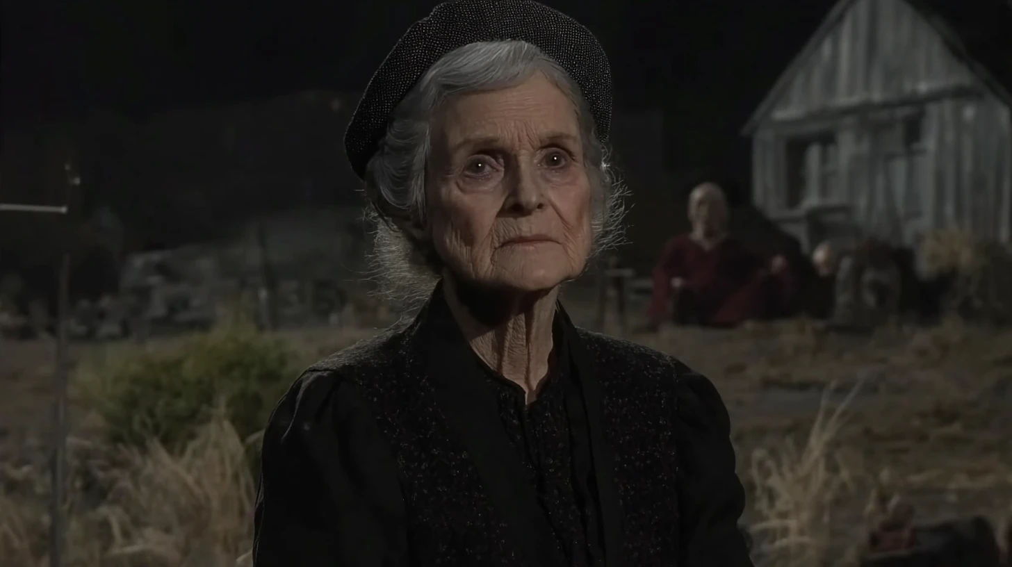 Rebecca Nurse portrait: elderly woman in a black cap and dress at night