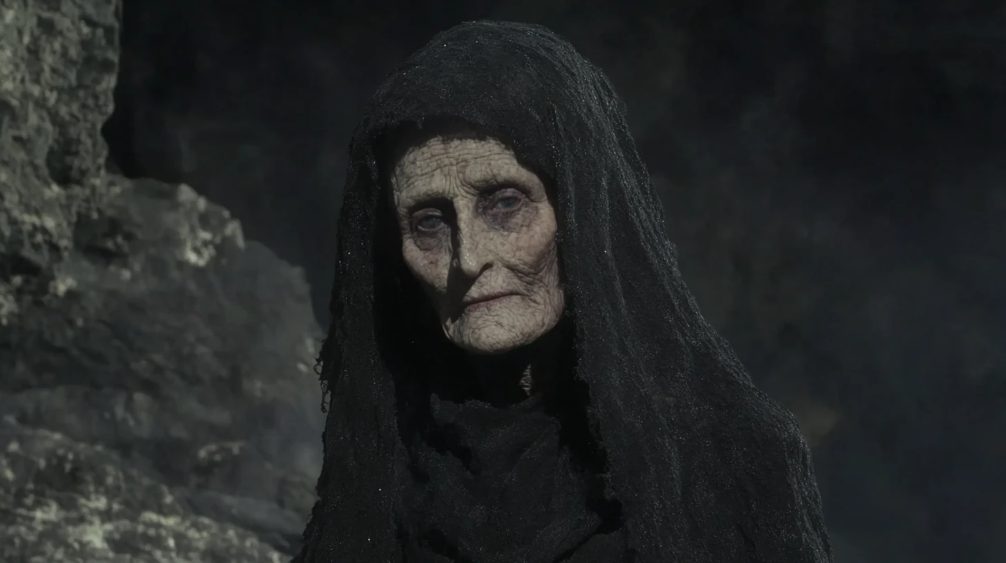 Mother Shipton: elderly woman in a black hooded shawl beside a rock face