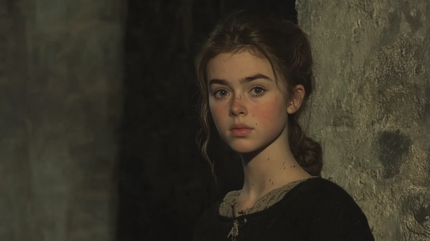 Alison Device: young woman in a dark dress against a stone wall
