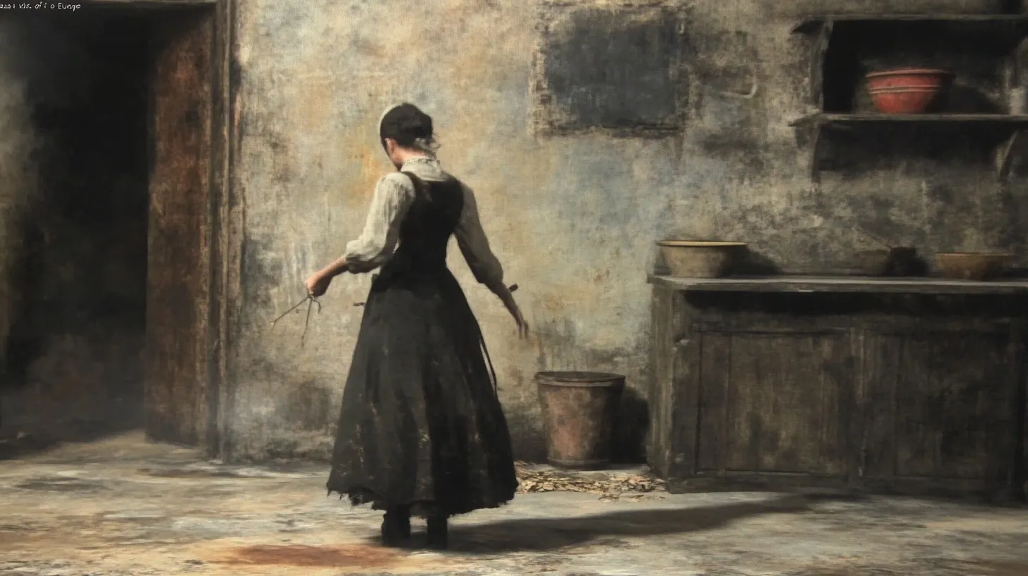 Painting of a servant woman in a dark dress in an old kitchen