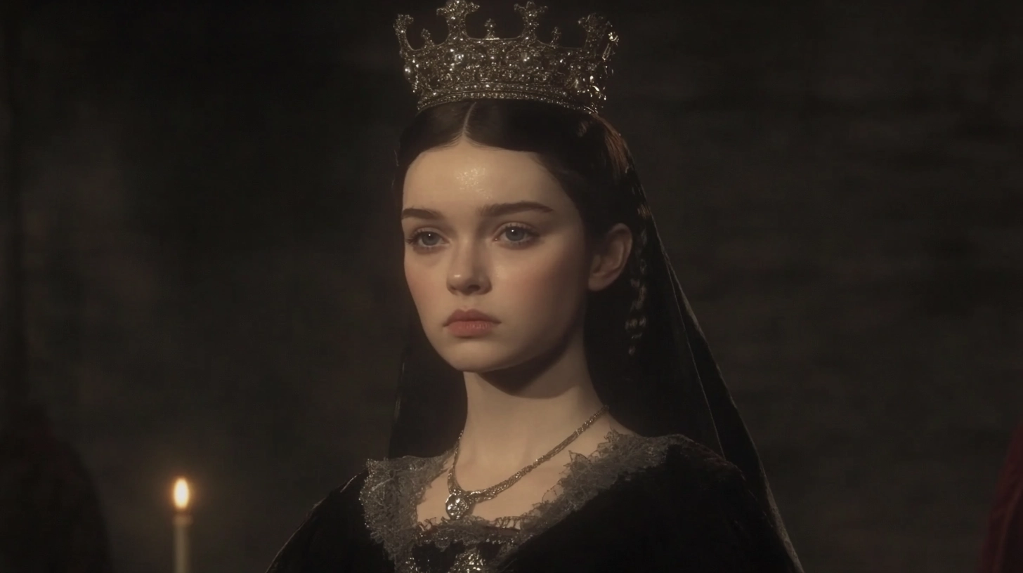 Young woman in a jeweled crown and black veil in a candlelit hall