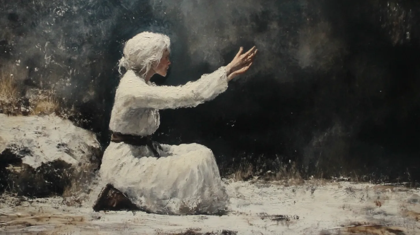 Moll Dyer: white-haired woman kneeling on a snow-covered rock, hand raised