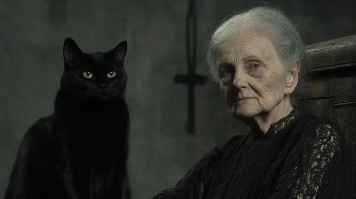 Agnes Waterhouse: elderly woman in black lace beside a black cat
