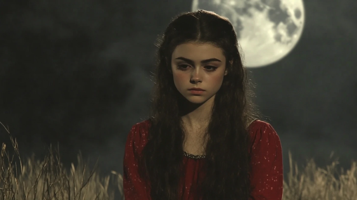 Dark-haired young woman in a red dress under a full moon
