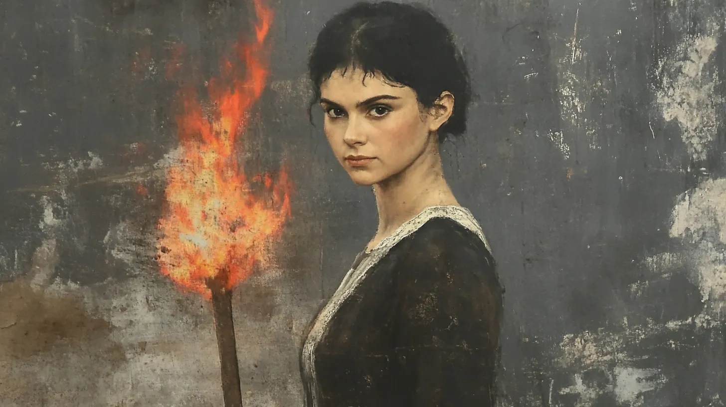 Katharina Henot: dark-haired woman beside a burning torch at a stone wall