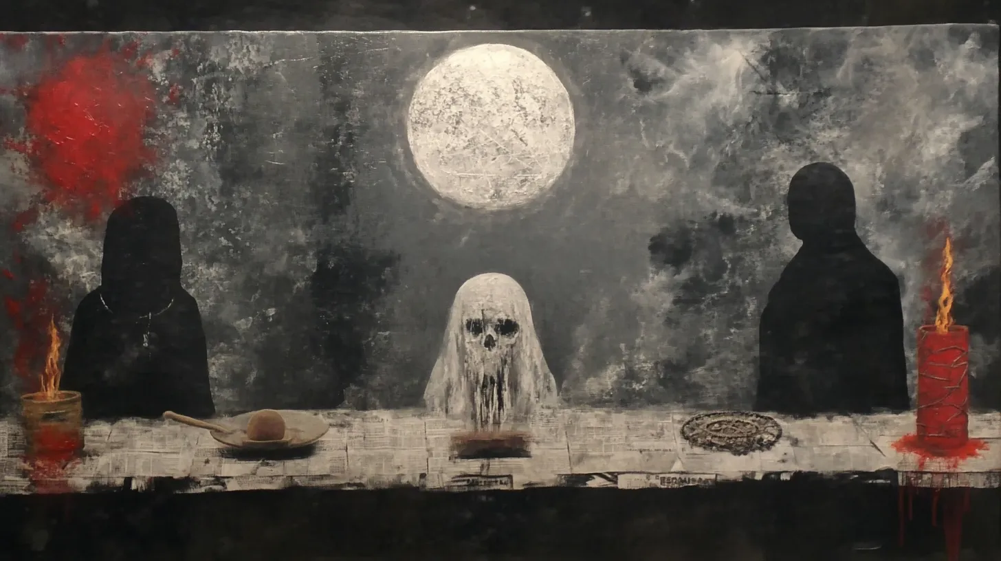Painting of hooded figures and a skull-faced ghost at a moonlit table