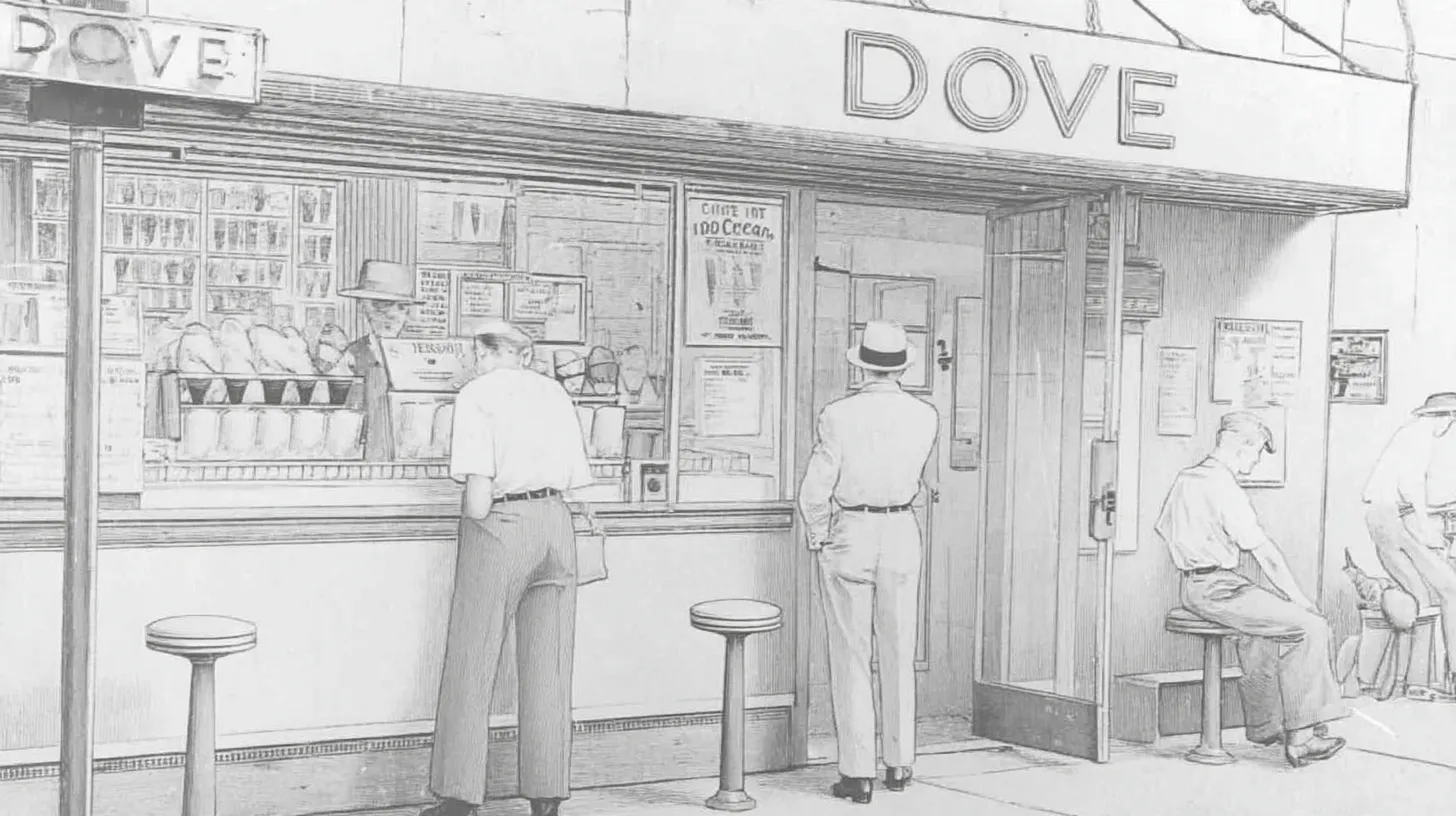 Drawing of the original Dove Candies & Ice Cream Store / © History Oasis Dove Candies Ice Cream