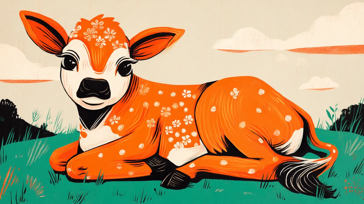 Illustrated calf resting in a field © History Oasis Illustration of an orange spotted calf lying in green grass