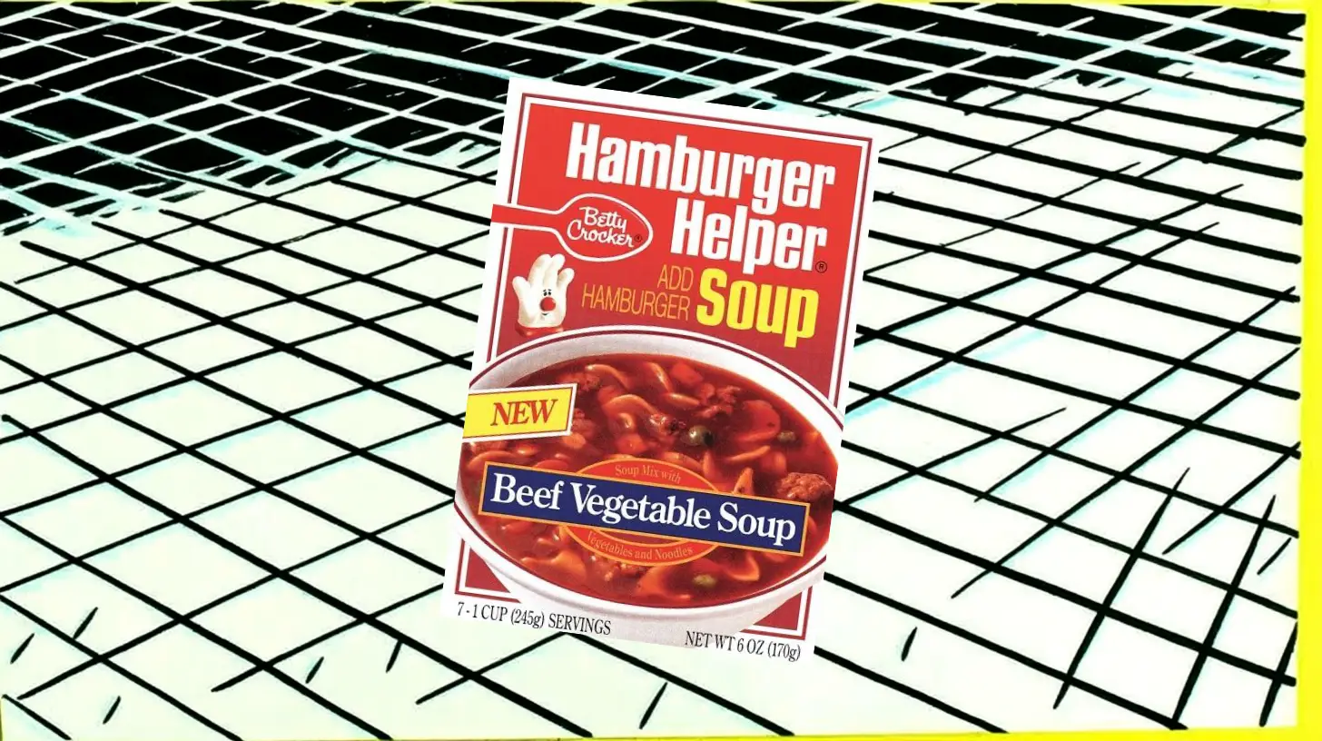 1990s Hamburger Helper Soup box for Beef Vegetable Soup with the Helping Hand mascot