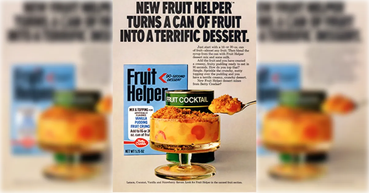 1973 Fruit Helper print ad promising to turn a can of fruit into a terrific dessert