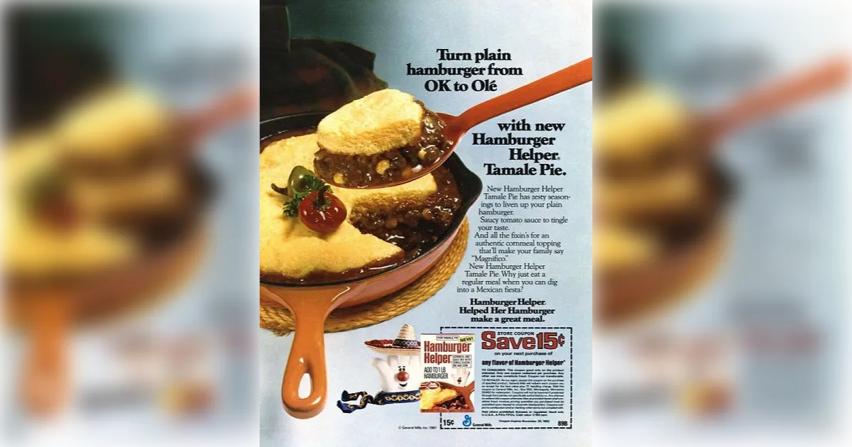 1981 Hamburger Helper Tamale Pie magazine ad with cast-iron skillet and cornmeal topping