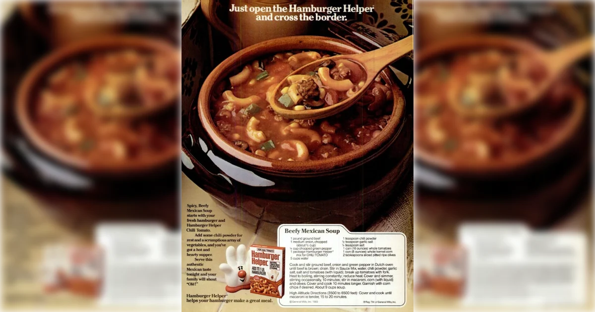1983 General Mills magazine ad for the Beefy Mexican Soup recipe made with Chili Tomato Hamburger Helper