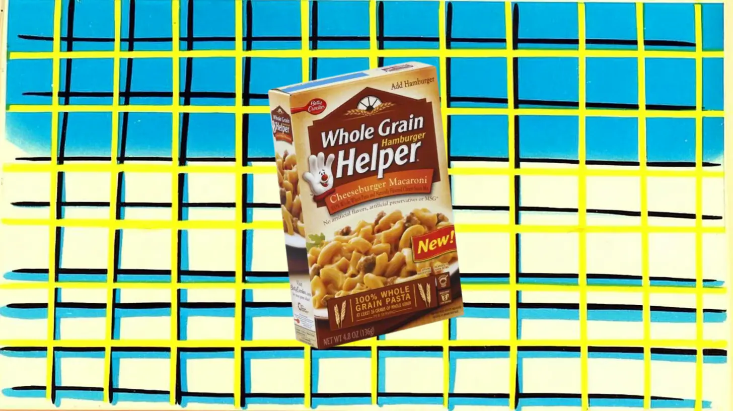 Whole Grain Hamburger Helper Cheeseburger Macaroni box with 100 percent whole grain pasta banner